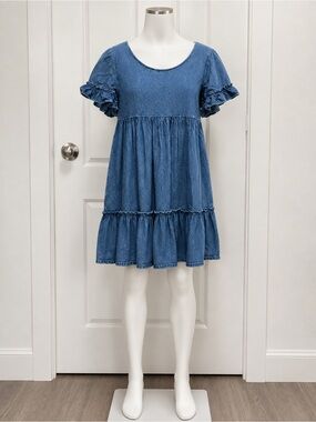 Exist Denim Dress Women’s L Blue Ruffle Sleeve Tiered Mini Dress Cottagecore